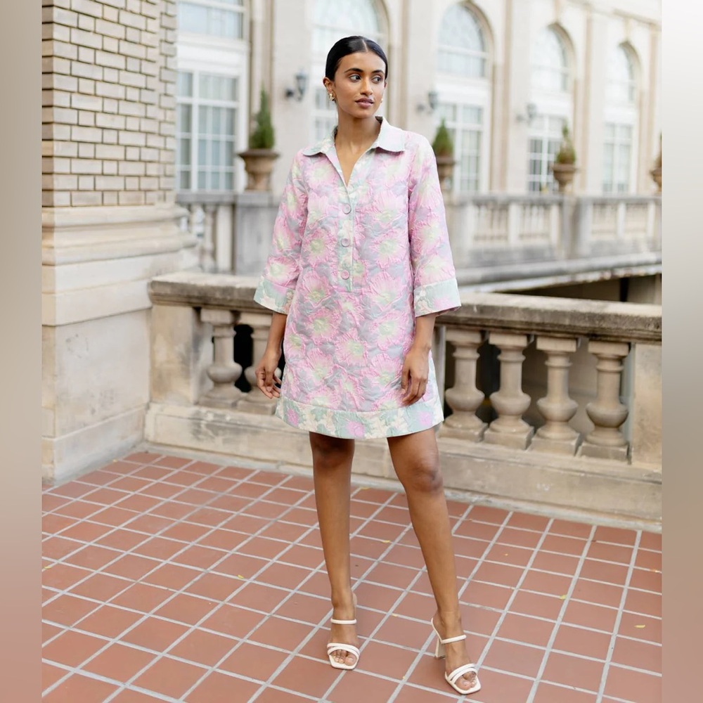 NWT Abbey Glass Piper Jacquard Floral Print V-Neck 34 Sleeve Caftan Mini Dress - Picture 3 of 15